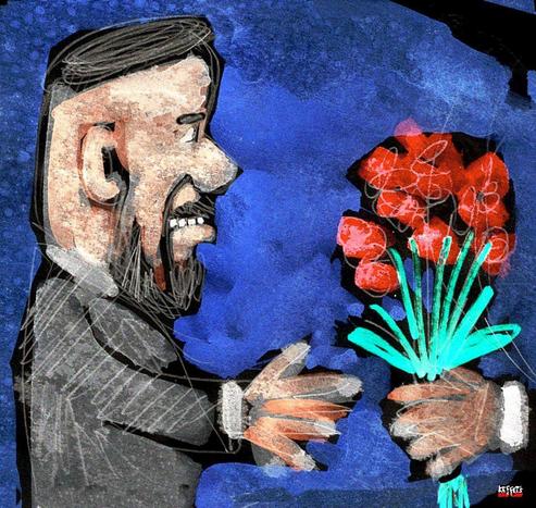 Cartoonbild: Tobias Rausch, zum Landtagspräsidenten in Sachsen-Anhalt gewählter AfD-Politiker, bekommt Blumen von Ministerpräsident Sven Schulze.
