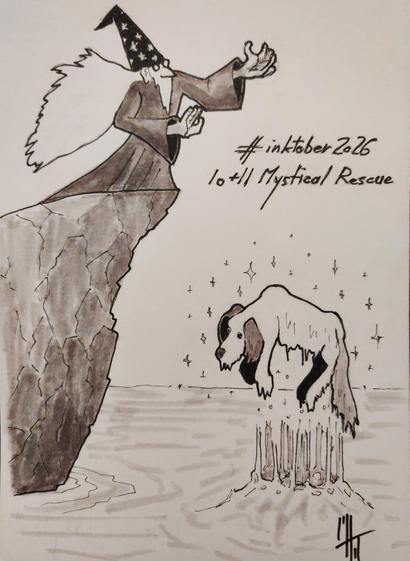 Ink drawing of a mage on a clifftop levitating a dog out of the water