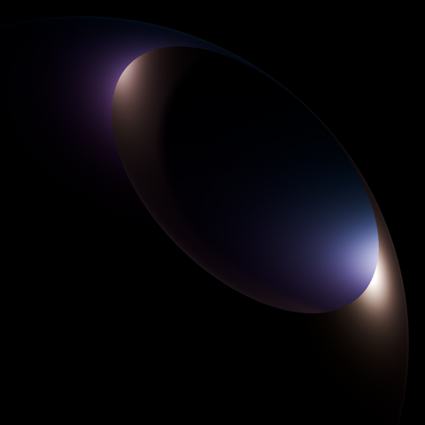 A sphere with a large dome-shaped hole or indent, framed to show that indent, pointing to the top right of the screen. The sphere is metallic and shiny, floating in an empty black void. The sphere reflects multiple lights in slightly shimmering colors, with purple and blue hues on the western edge of the ridges, and golden and slightly red hues on the eastern edge of the ridges. The specular highlights of the lights land close to or on the ridges at the indent.