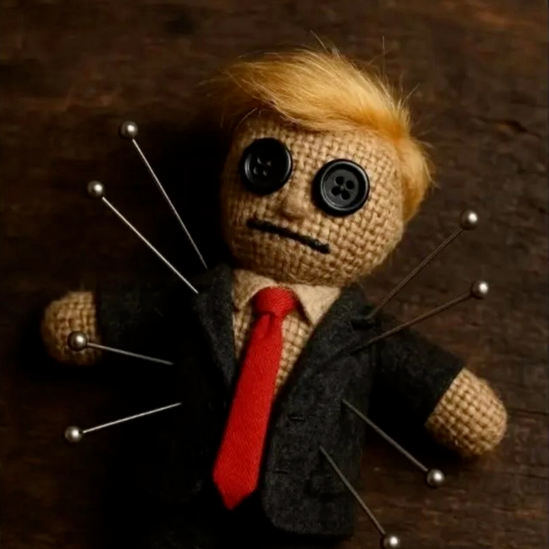 A voodoo doll of Donald J Puppyfucker, with lock of hair, long red tie, and button eyes has several pins sticking in it.