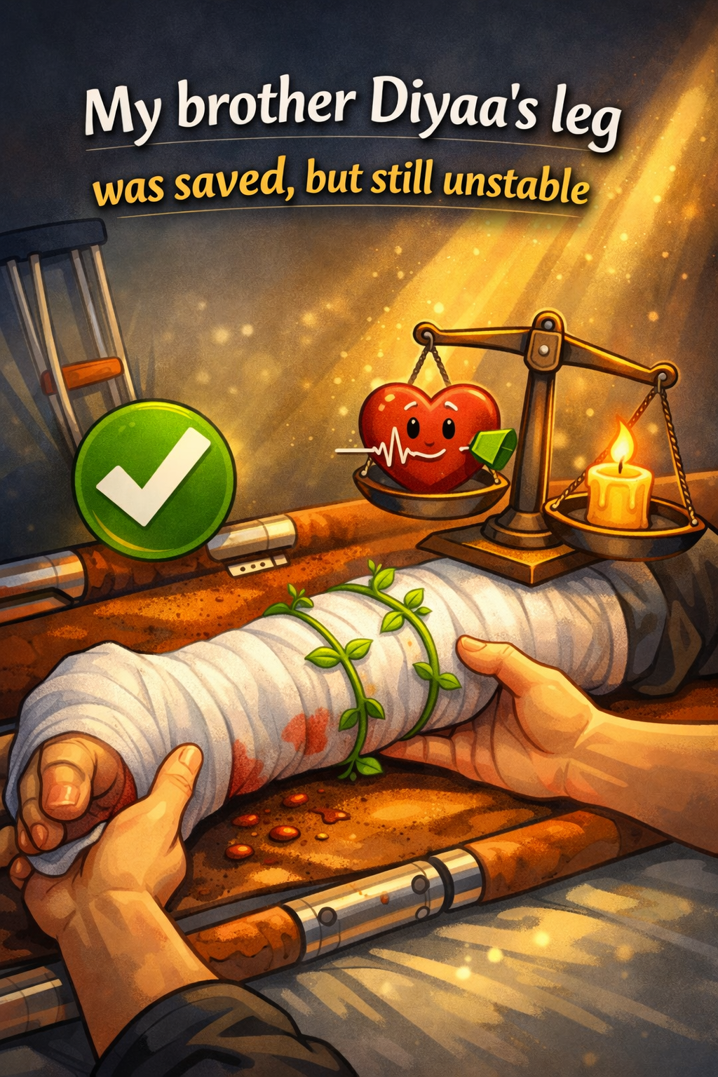 A cartoon image shows a leg wrapped in a white bandage, surrounded by a small green branch symbolizing healing. Two hands gently hold the leg, and beside it is a green sign indicating success, and a scale holding a beating heart and a wobbly candle to indicate that the condition is still unstable. Above it is written in English: “My brother Diyaa’s leg was saved, but still unstable.”