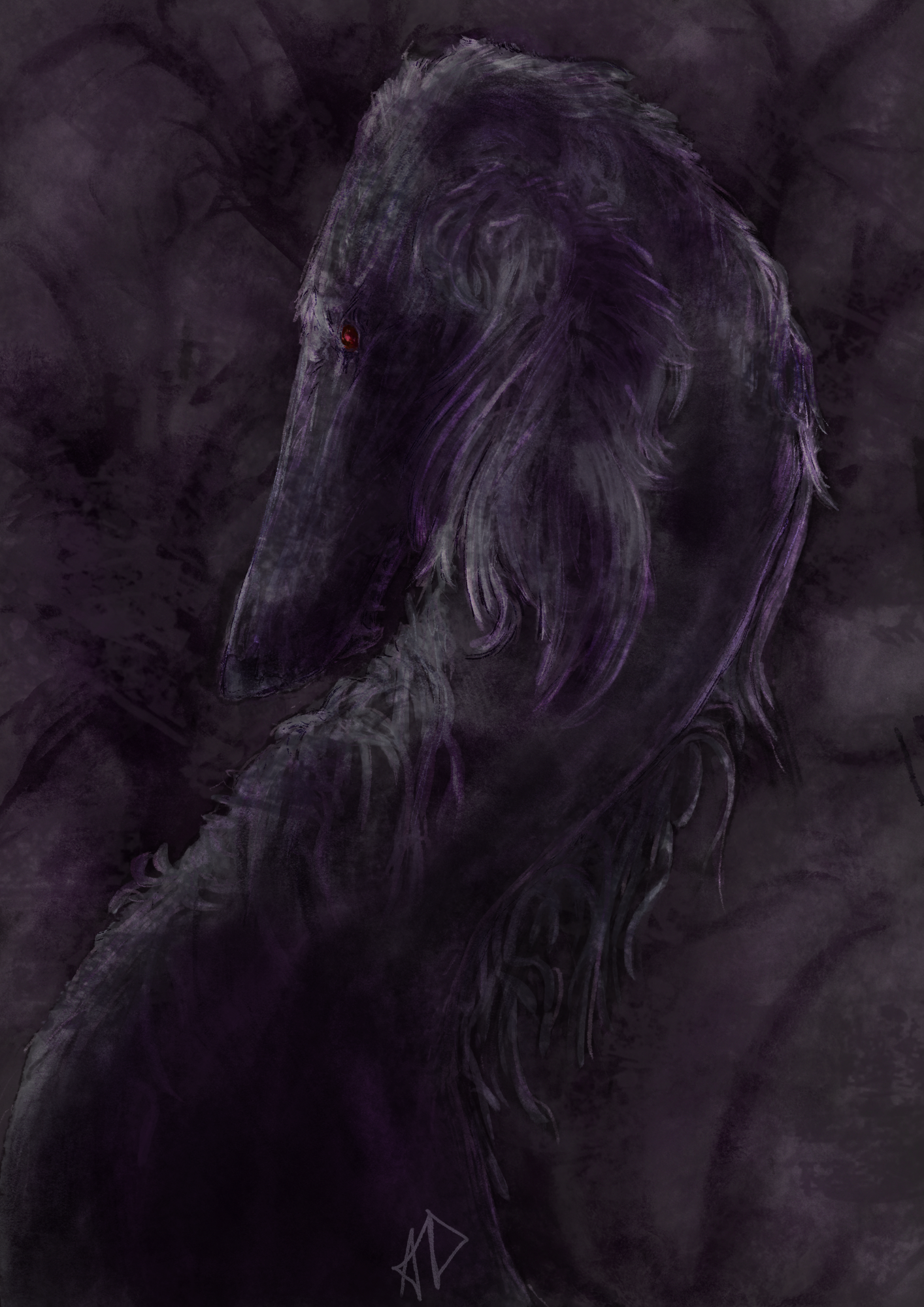 a digital artwork of a bust of an eerie borzoi with a very long neck (character's feature), the background is abstract forest, colours are mainly dark mauve and purplish hues