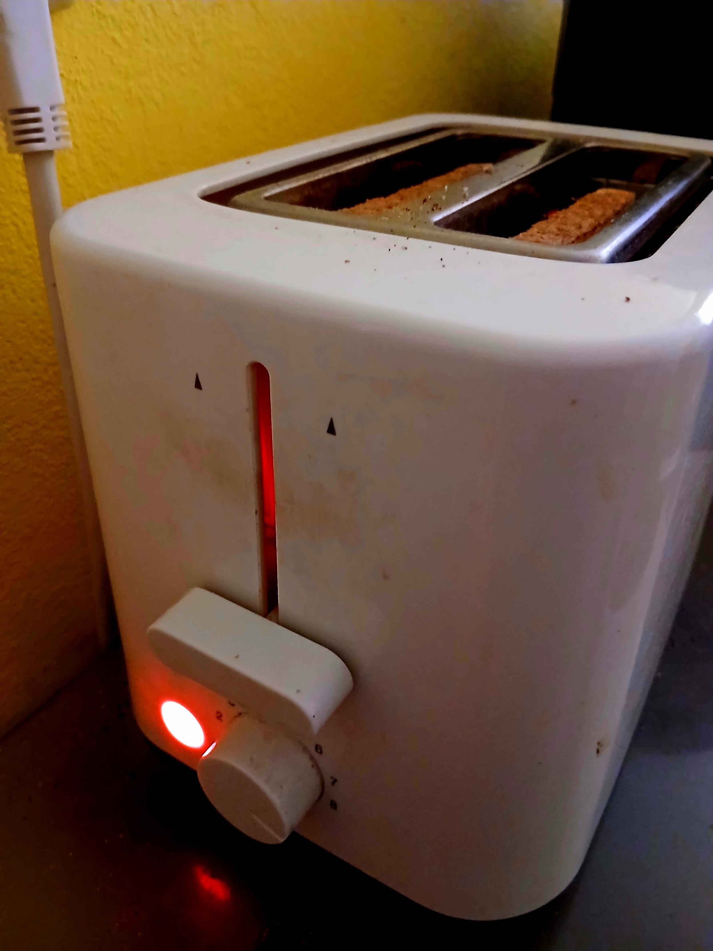 Filaments glow red as toast toasts in the toaster, round side down.