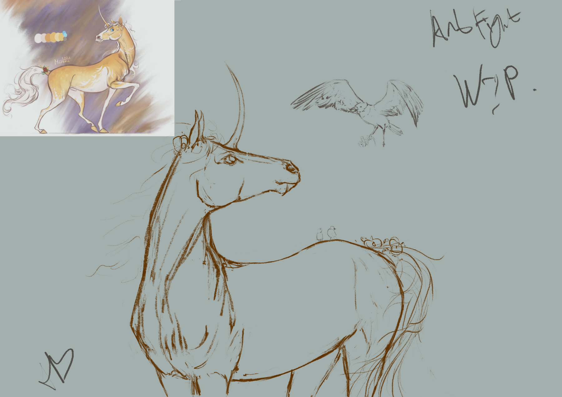 a halfbody sketch of a unicorn (horse-like type) with flowers in his mane and tail, he is looking at a bird which is bringing him something, it is uncoloured. behind is a tiny copy-pasted image of the character's reference sheet