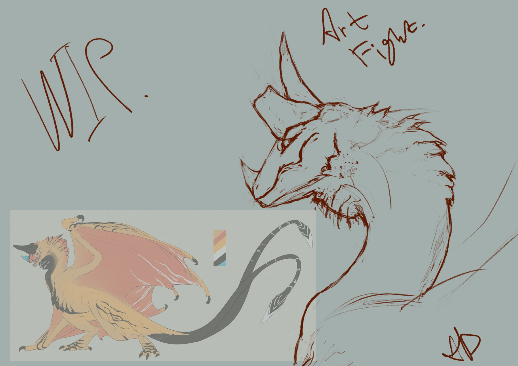 a bust sketch of a dragon with a broken horn, it is uncoloured. behind is a tiny copy-pasted image of the character's reference sheet