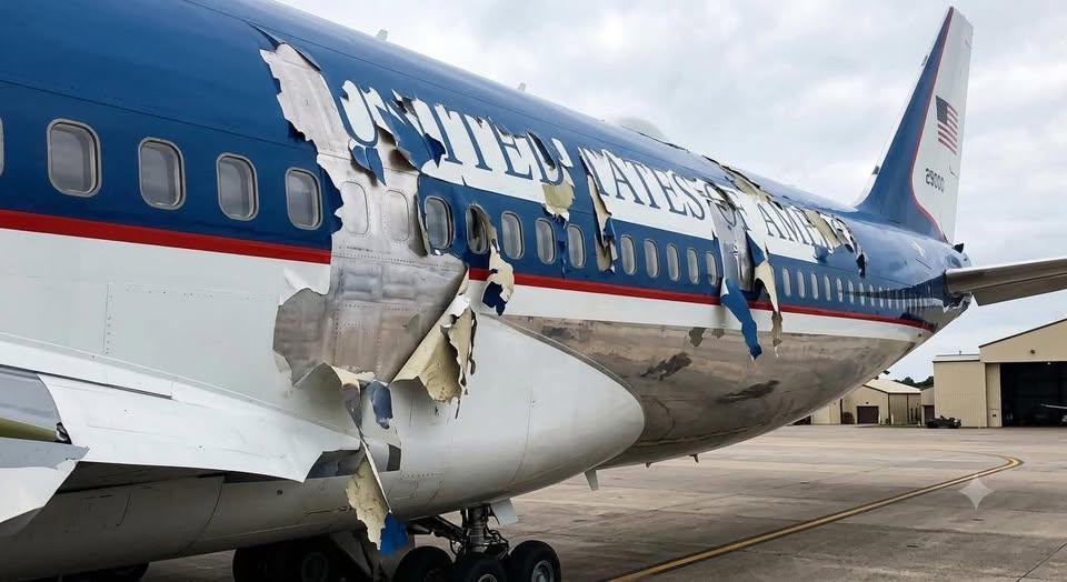 The old Air Force One is parked on the tarmac, it's paint peeling off in great sheets.