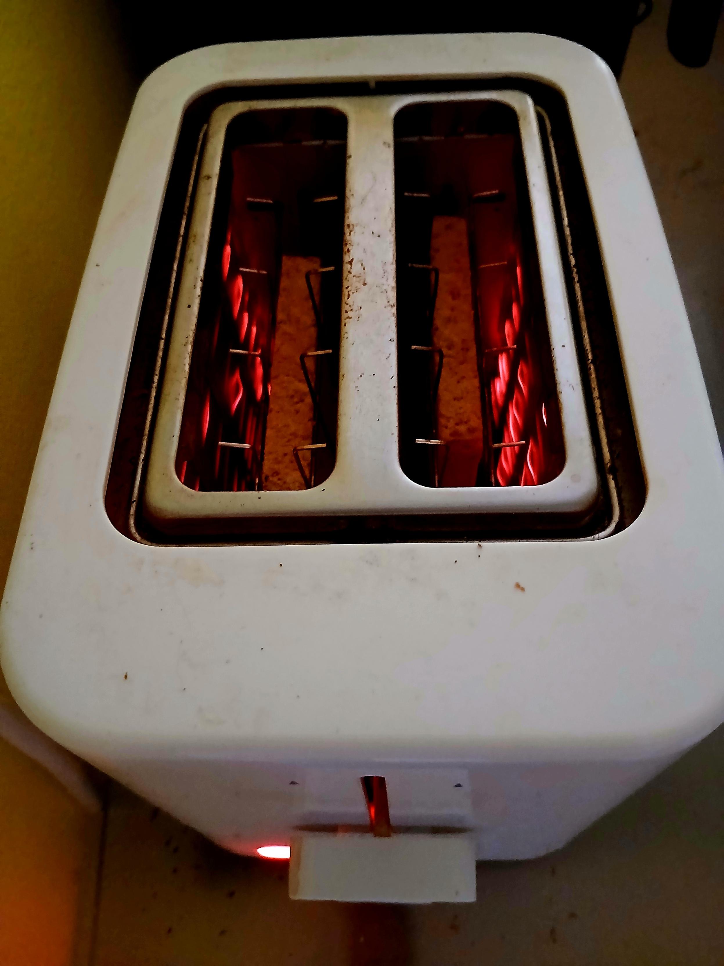 Filaments glow red as toast toasts in the toaster, round side down.