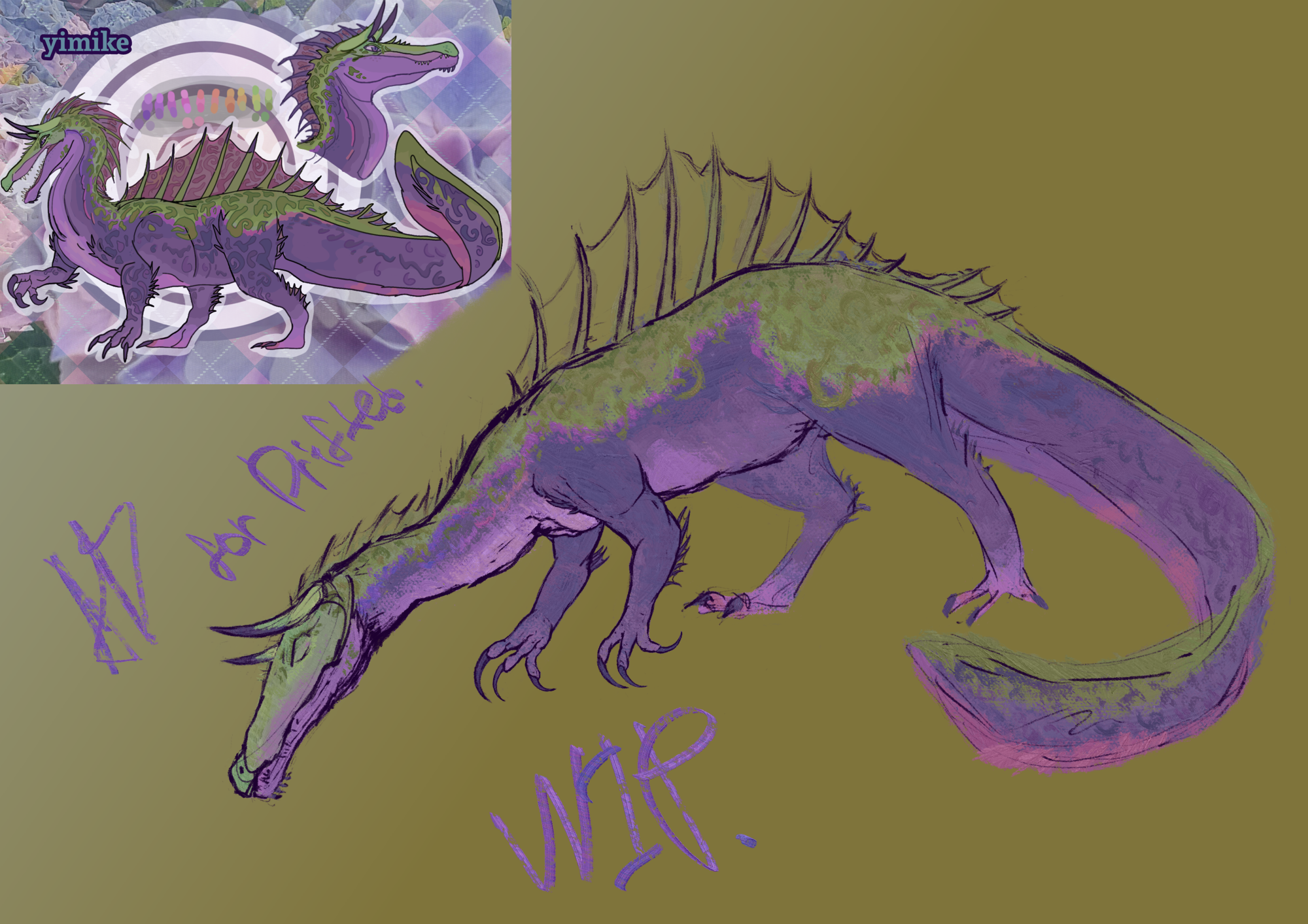 a sketch with basic colours (not finished!) of a spinosaurus