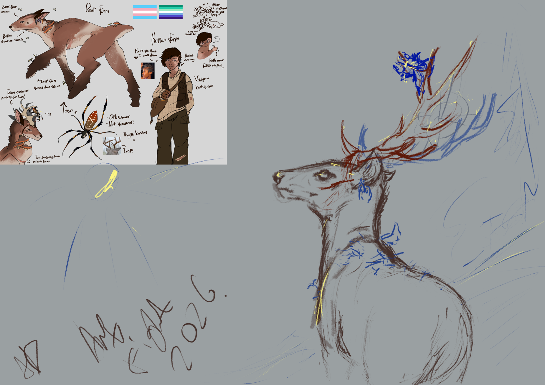 a rough sketch of a deer, even more roughly is some sort of forest, field and sun sketched behind