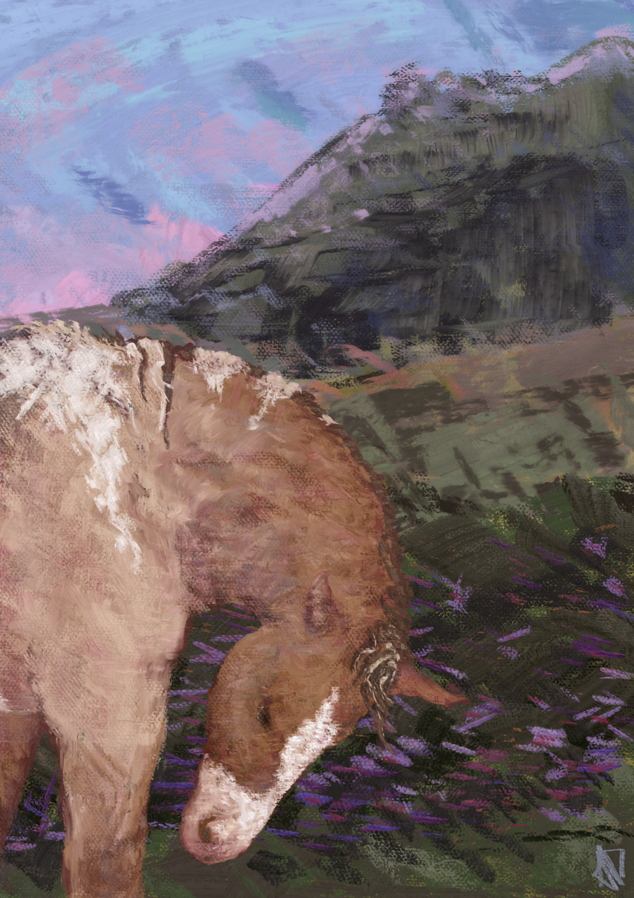 a halfbody artwork of a mustang horse of beige colours, background is a field with flowers and some distant greenish mountain of some sort (or i've no idea how those high rocky hills are called in those areas) and a pinkish-bluish sky.