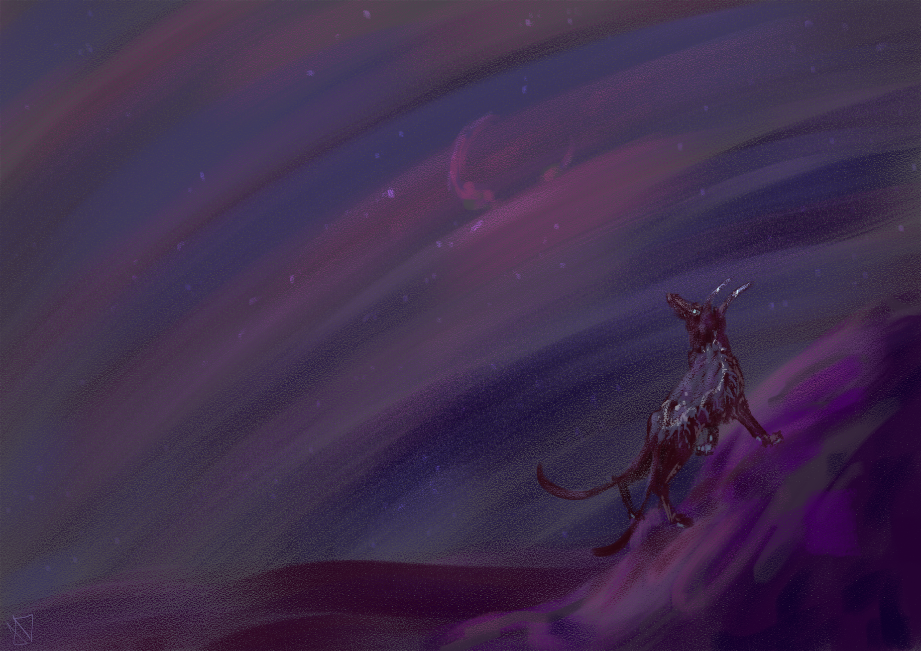 a pastel-like drawing of a canine-like creature with two tails and long ears standing on some rocks beneath the huge sky with a crescent moon and some vague stars
