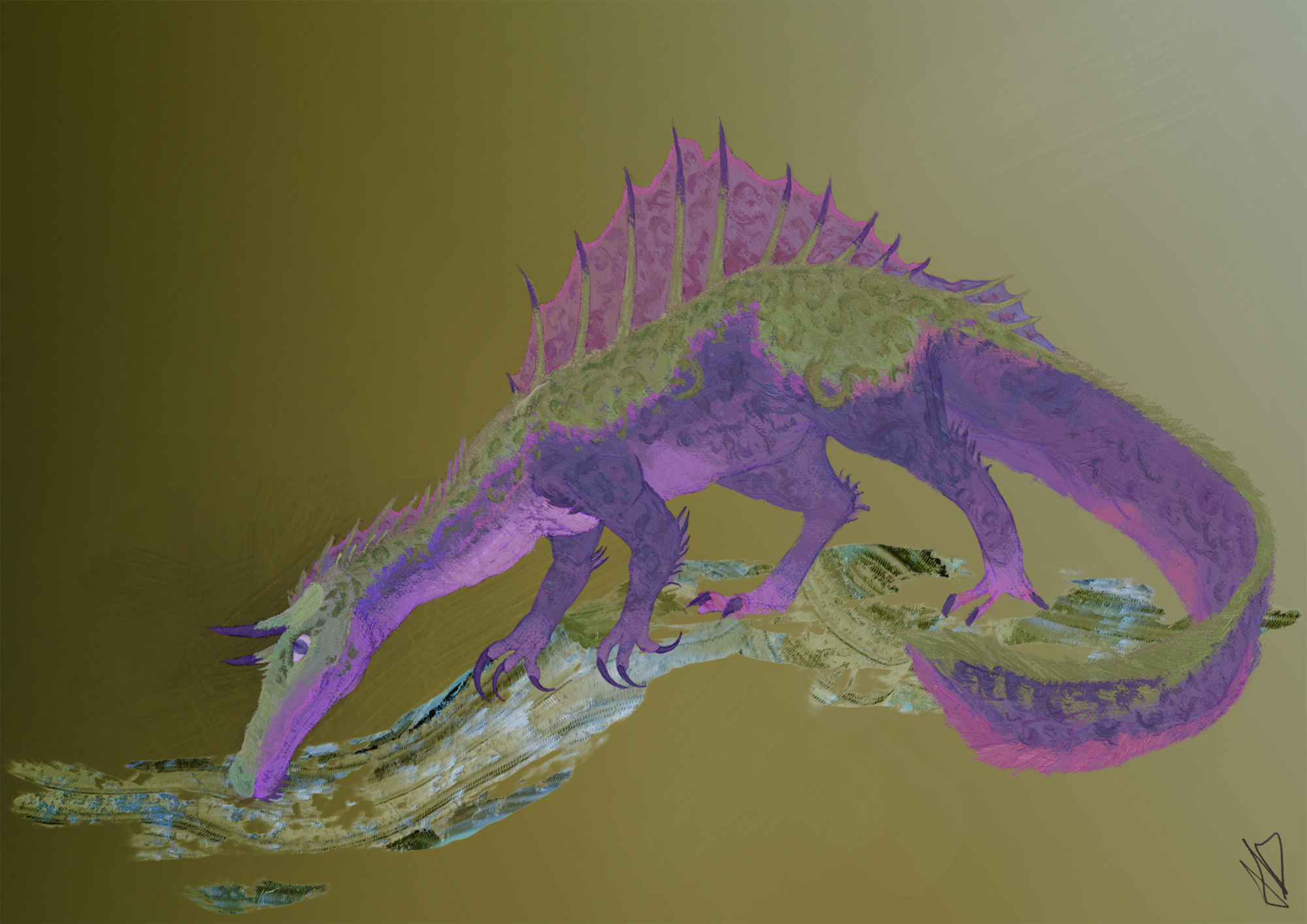 a fullbody artwork of a fantasy spinosaurus with violet-purple-greenish patterns