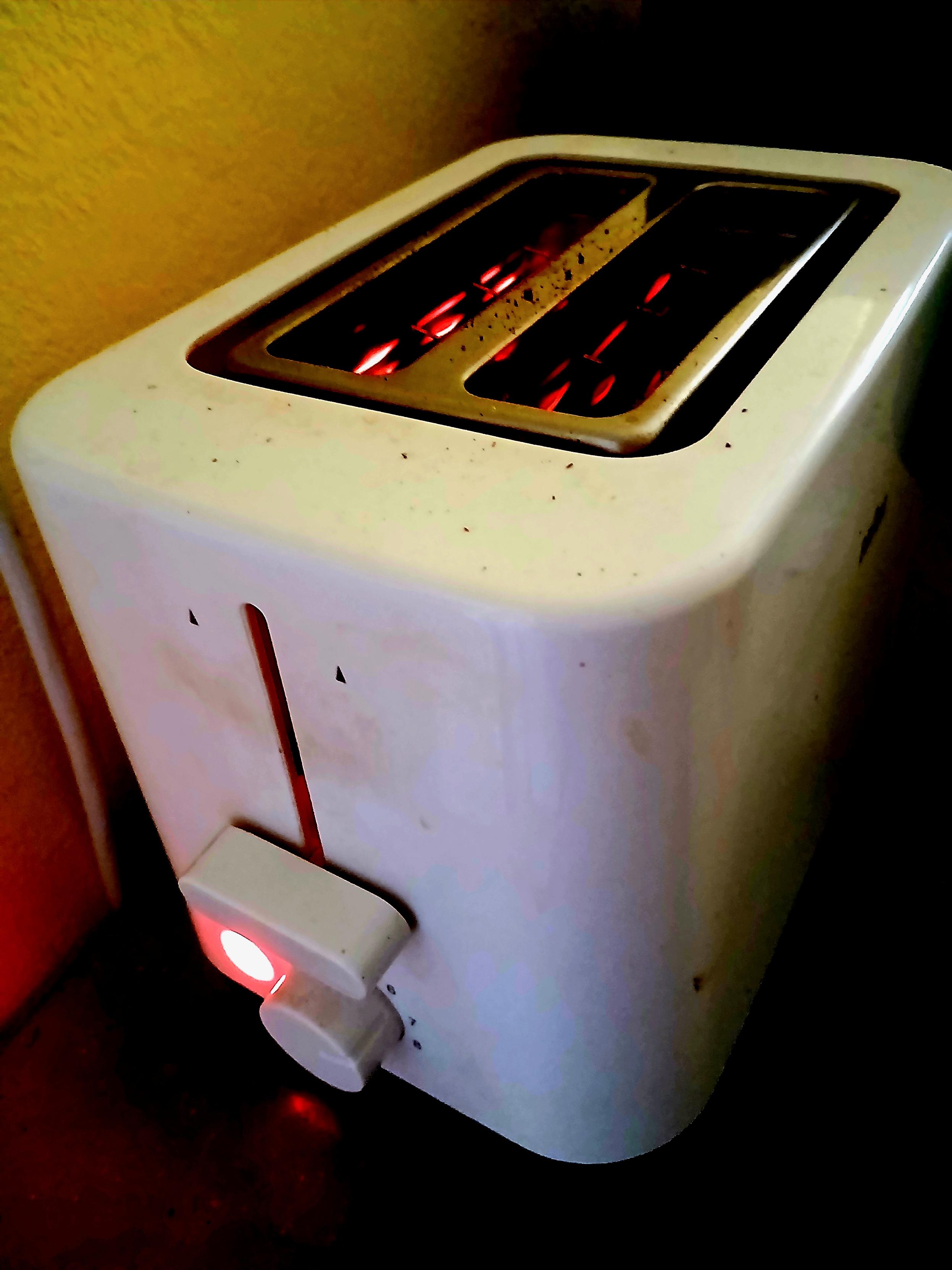 Filaments glow red as toast toasts in the toaster, round side down.