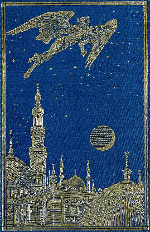 a book cover of a very old book, with gold on a dark blue background.  There is a city in a middle eastern style at the bottom, and above are stars, a partially-lit moon, and a fur-covered angel figure with outstretched wings and horns on its head instead of a halo, a fallen angel or devil.