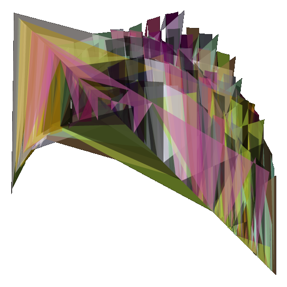 Forma geomètrica abstracta en 3D sobre fons transparent. Estructura corbada composta per triangles i polígons de colors (rosa, verd, groc, morat i gri